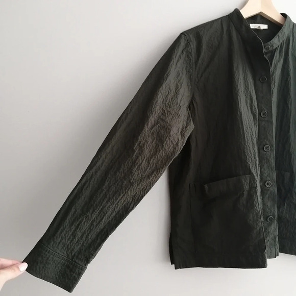 Eileen Fisher Organic Cotton Pucker Mandarin Collar Jacket Green Oversize XS - Picture 9 of 15